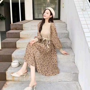 Floral Print Knit Sweater/corduroy Dress