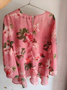 Pink Floral Print Flare Sleeve Top