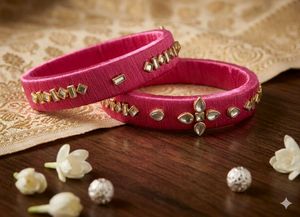 Elegant Pink Silk Bangles with Embellishments