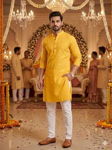 Men's Yellow Kurta with White Pajama Set