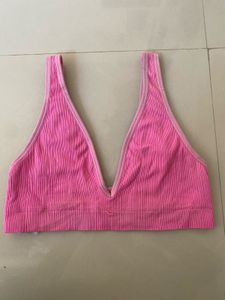 Pink Ribbed V-Neck Sports Bra