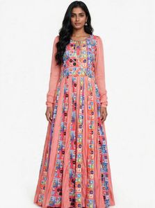 Peach 6-Metre Flare Frock with Dupatta – Multicolo