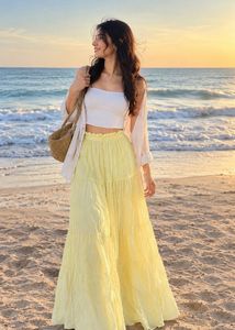 Cream Tiered Cottagecore Skirt with Pink Bow
