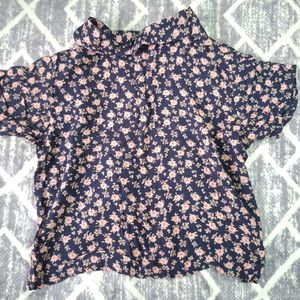 Navy Floral Print Cropped Shirt