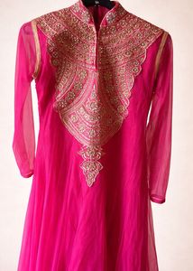 Elegant Pink &amp; Gold Embroidered Ethnic Gown
