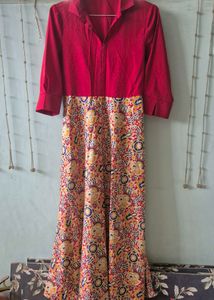 Red & Floral Print Ethnic Gown