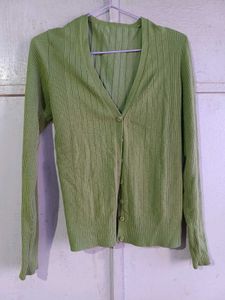Lime Green Ribbed Button-Up Cardigan