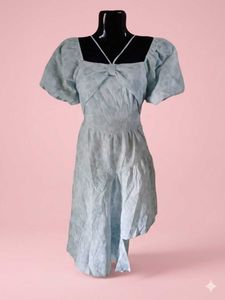 Light Blue Puff Sleeve Bow Dress