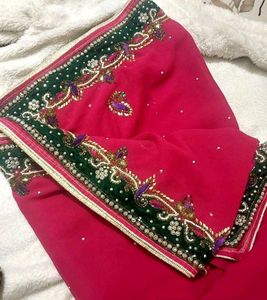 Pink Saree with Embroided Green Border