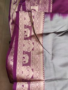 Elegant Grey Silk Saree with Purple Zari Border
