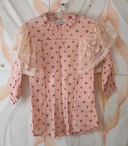 Elegant Lace Trimmed Pink Blouse