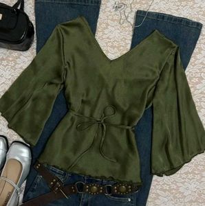 Olive Green Bell Sleeve Tie-Front Top