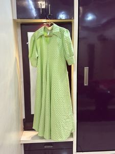 Neon Green Checkered Midi Dress With Pockets