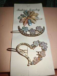 Set of 3 Hair Clips - Flower, Moon &amp; Heart