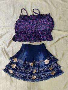 Floral Crop Top & Denim Skirt Set