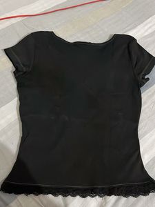 Chic Black Lace Trimmed V-Neck Top