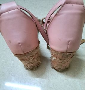 Denill Brand Pink Block Heels Shoes. With Lace Det