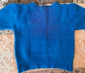 Blue Neck Embroidered Crop Sweater For Women
