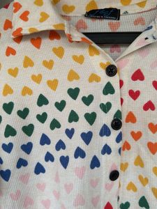 Rainbow Heart Print Button-Up Top