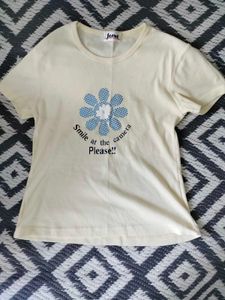 Cream T-Shirt with Blue Flower Graphic