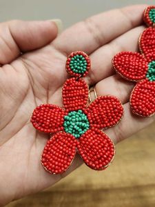 Red Beaded Flower Dangle Earrings