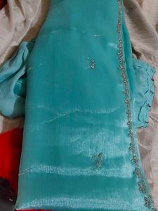 Stunning Turquoise Saree with blause hand work sto