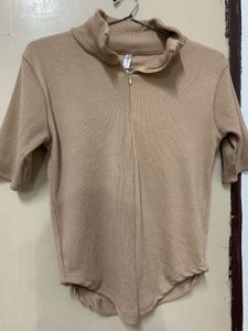 Beige Ribbed Zip Neck Top