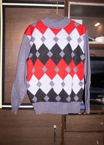 Classic Argyle Knit Sweater in Grey, Red &amp; Black