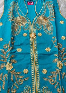 Beautiful Teal Kurta Set with Gold Embroidery