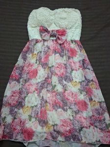 Floral Print Strapless Dress with Bow