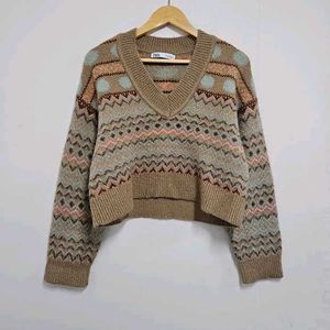 ZARA Cozy Geometric Pattern V-Neck Sweater