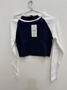 Shein Navy & White Cropped Long Sleeve Top