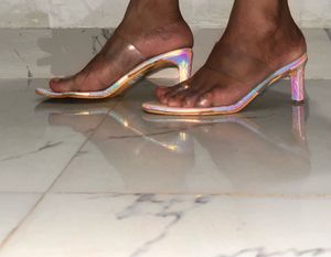 Iridescent Clear Block Heel Mules