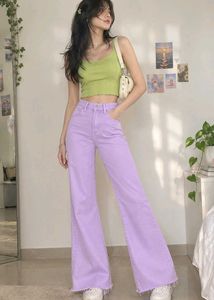 Lavender Wide Leg straight denim Jeans frayed