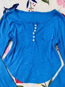 Blue Ribbed Cropped Henley Top