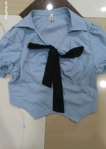 Chic Blue Puff Sleeve Top with Black Bow