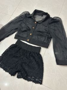 Chic Black Sheer Top &amp; Lace Shorts Set