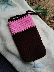 Handmade Pink &amp; Brown Crochet Phone Sling Bag
