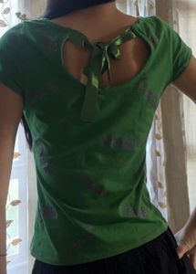 Green Graphic Top with Bow Back