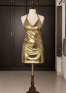 Shiny Gold Halter Neck Mini Dress