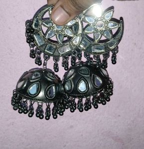 Oxidized Mirror Jhumka Earrings