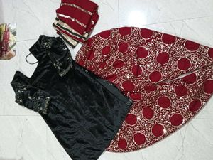Elegant Black Kurta Set with Red Pants