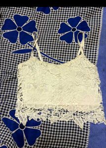 Cream Smocked Lace Trim Cami Top