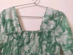 Trendy Green Marble Print Square Neck Dress