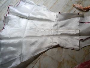 Sheer White Dress with Maroon Trim
