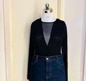 Deep Neck Lace Black Classy Bodysuit