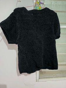 Black Textured Button-Up Top