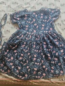 Navy Blue Floral Print Dress with Tie