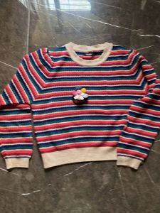 Striped Crewneck Sweater with Flower Applique