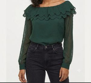 Dark Green Swiss Dot Sheer Ruffle Blouse